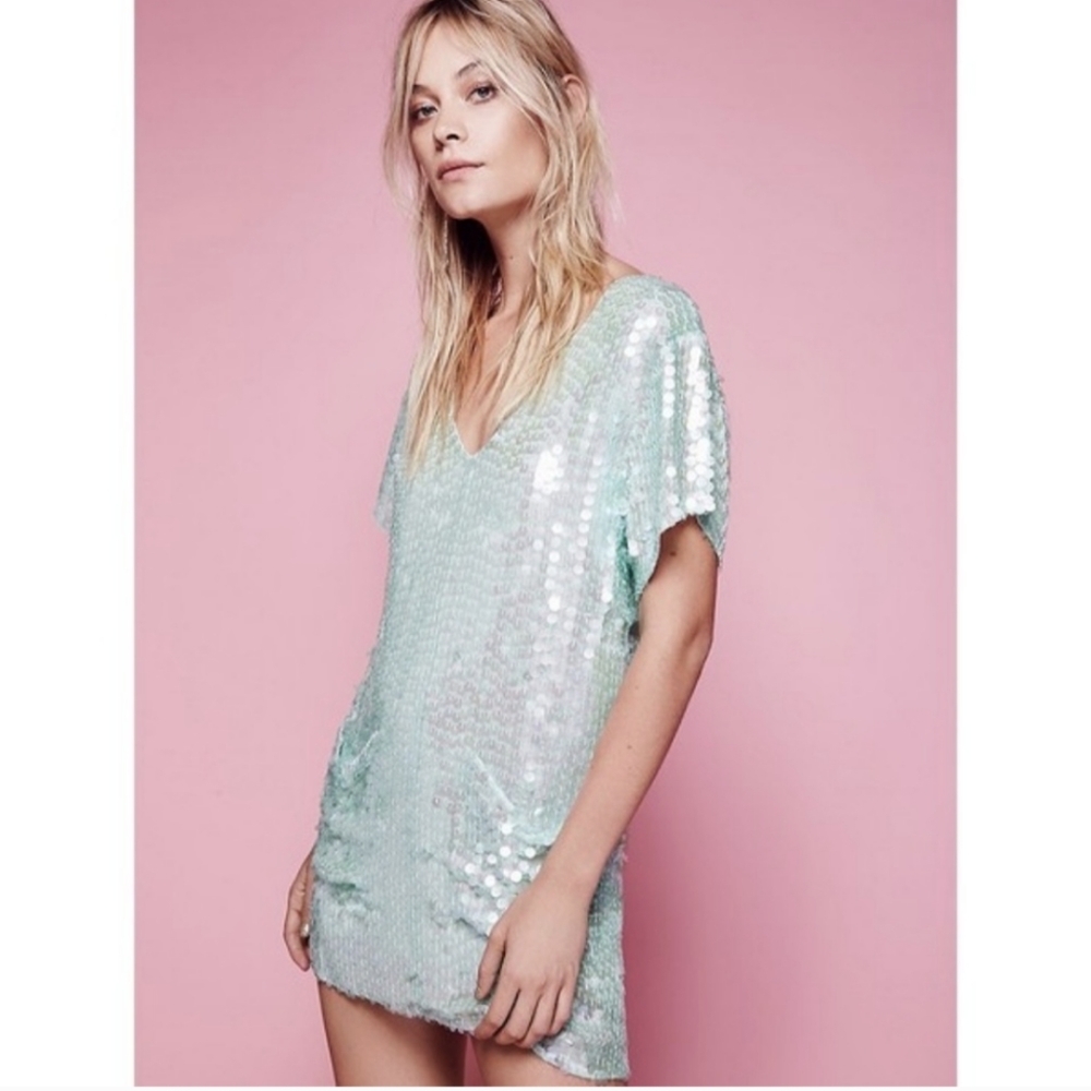Free People Surry Sequin Iridescent Aqua Shift Dress M